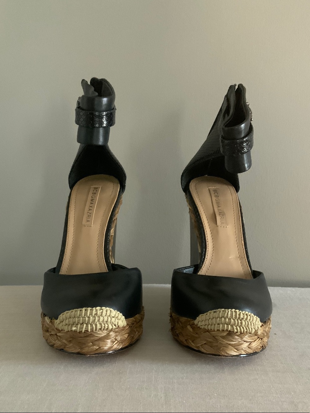 BCBGMaxAzria Black Leather Platform Espadrille Wedges